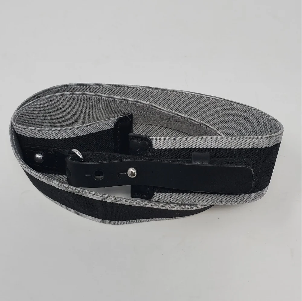 LOFT BLACK GREY STRIPE STRETCH BELT BLACK LEATHER FOLD OVER BUCKLE WOMEN OS